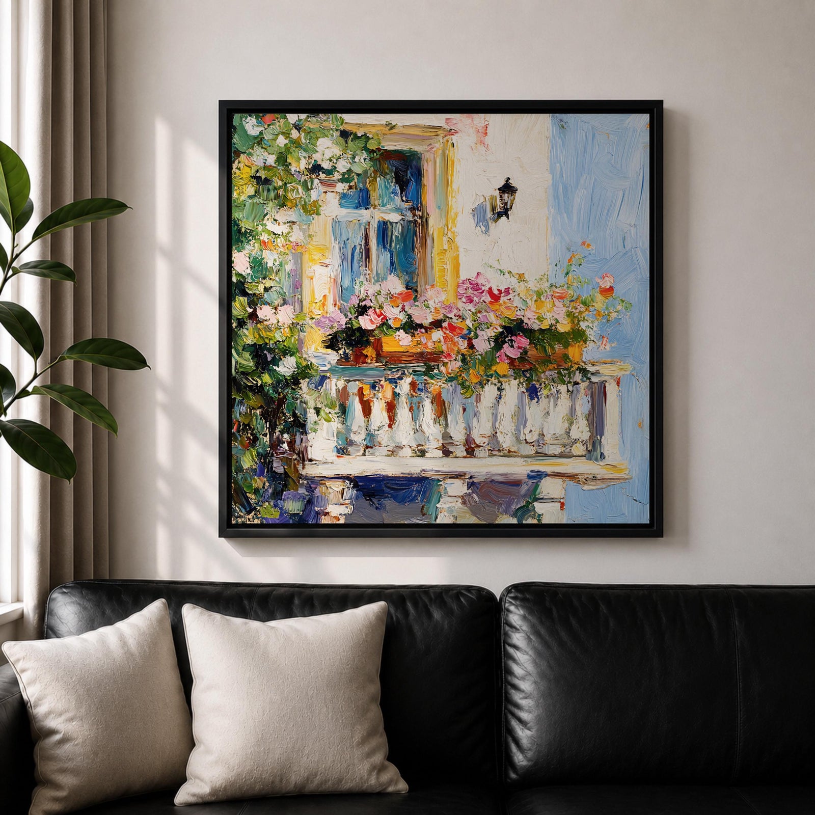 Mediterranean Balcony Wall Art Tuscan Terrace Framed Canvas Rustic Floral Boho Garden Decor
