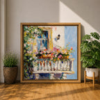 Mediterranean Balcony Wall Art Tuscan Terrace Framed Canvas Rustic Floral Boho Garden Decor