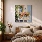 Mediterranean Balcony Wall Art Tuscan Terrace Framed Canvas Rustic Floral Boho Garden Decor