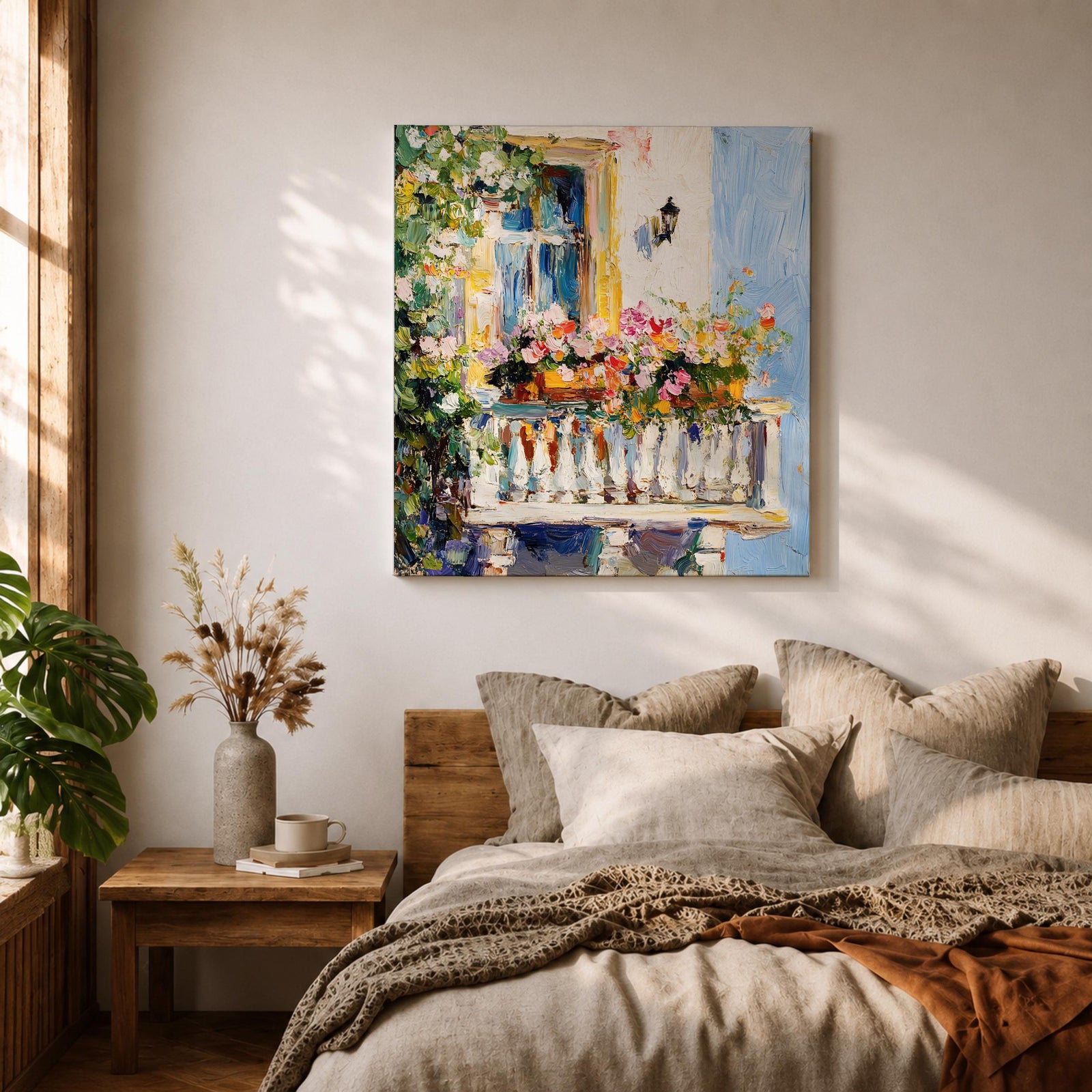 Mediterranean Balcony Wall Art Tuscan Terrace Framed Canvas Rustic Floral Boho Garden Decor