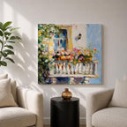 Mediterranean Balcony Wall Art Tuscan Terrace Framed Canvas Rustic Floral Boho Garden Decor