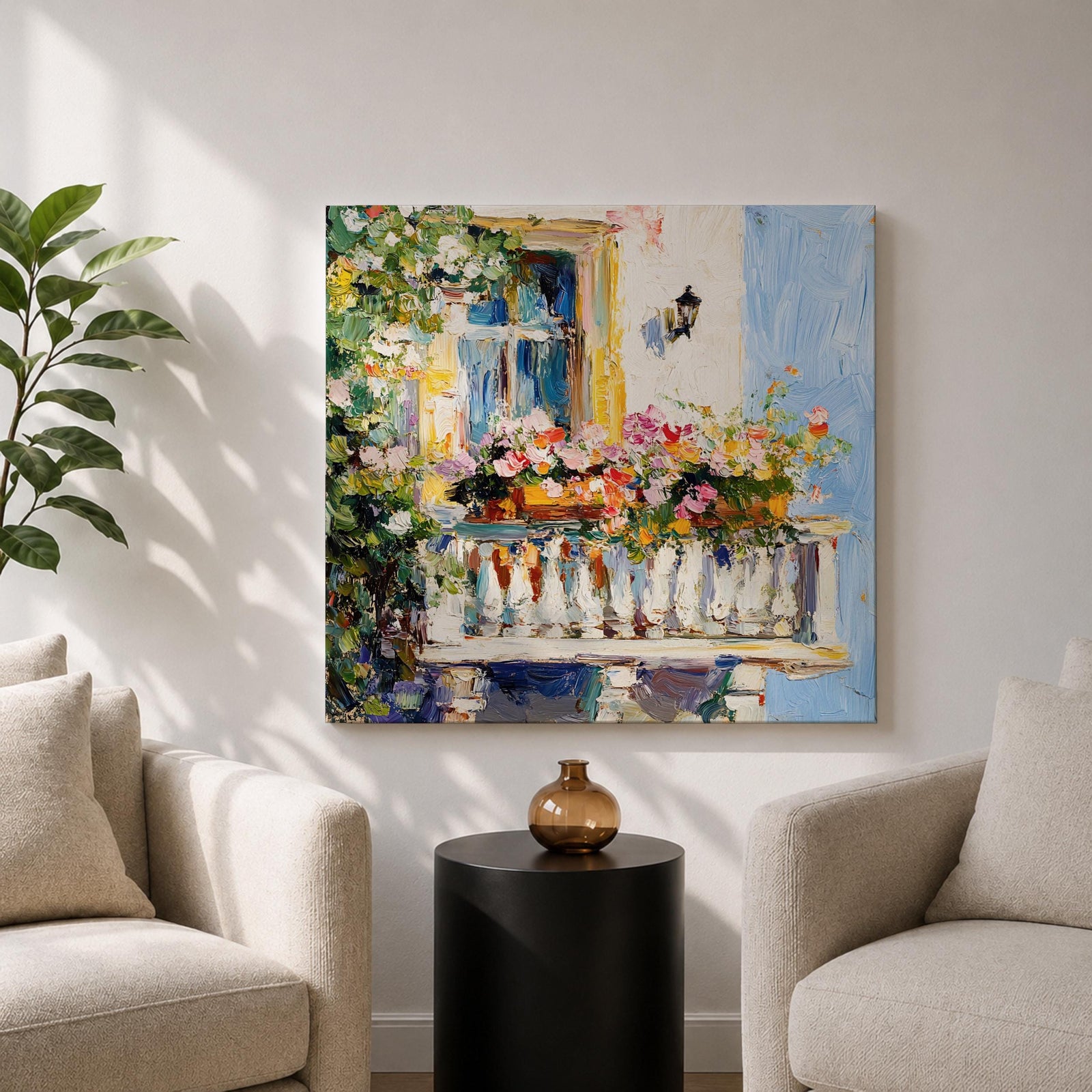 Mediterranean Balcony Wall Art Tuscan Terrace Framed Canvas Rustic Floral Boho Garden Decor