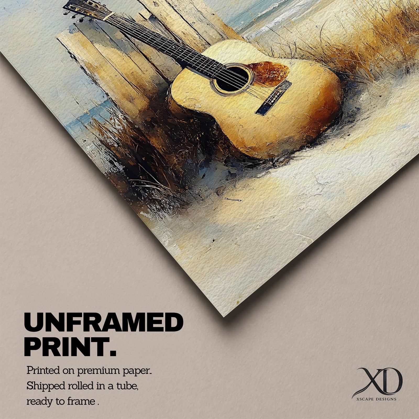 A vintage-style framed canvas painting of an acoustic guitar resting against weathered wooden posts on a sandy beach with coastal grasses and ocean waves in the background, rendered with textured brushstrokes and warm tones capturing a nostalgic coastal music theme.