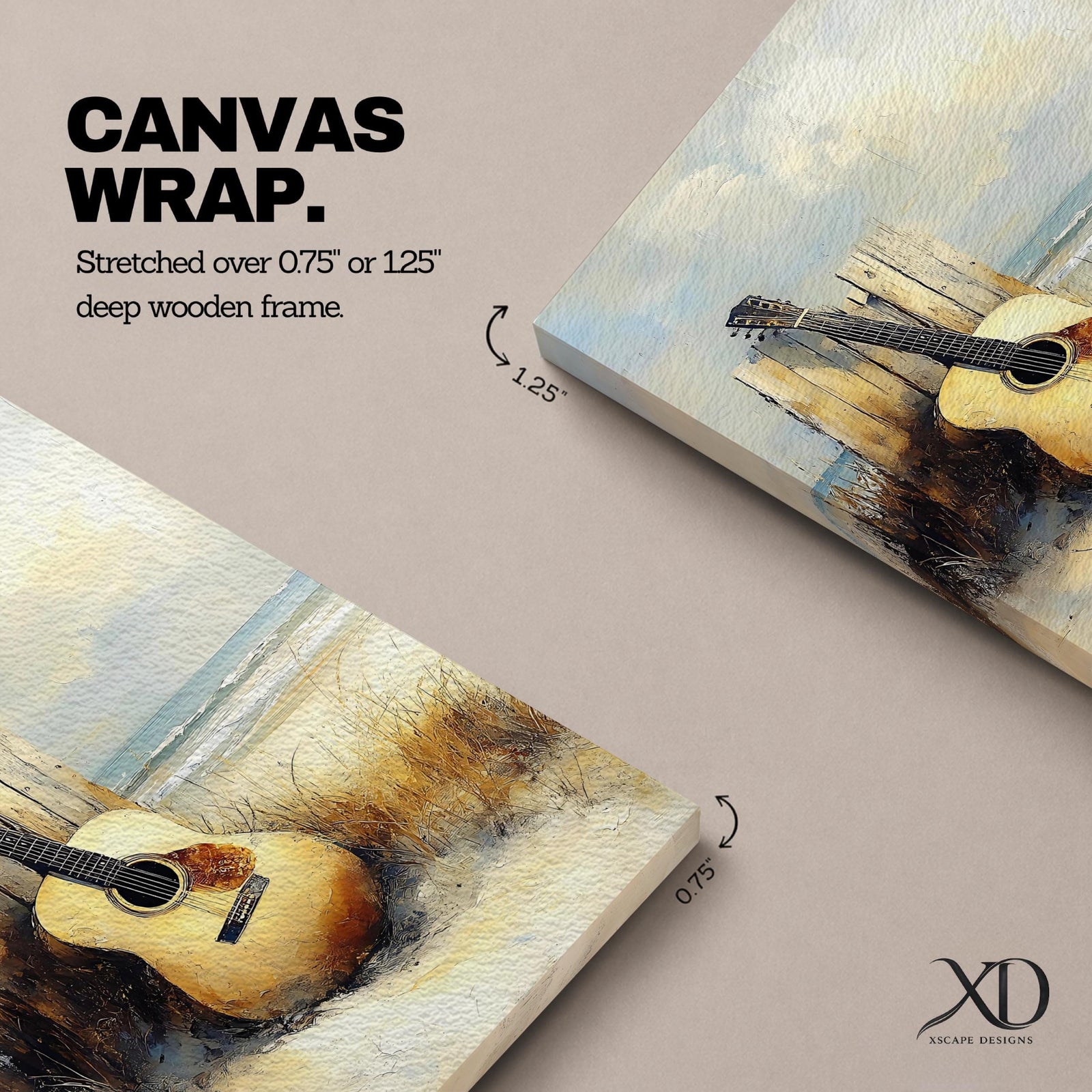 A vintage-style framed canvas painting of an acoustic guitar resting against weathered wooden posts on a sandy beach with coastal grasses and ocean waves in the background, rendered with textured brushstrokes and warm tones capturing a nostalgic coastal music theme.