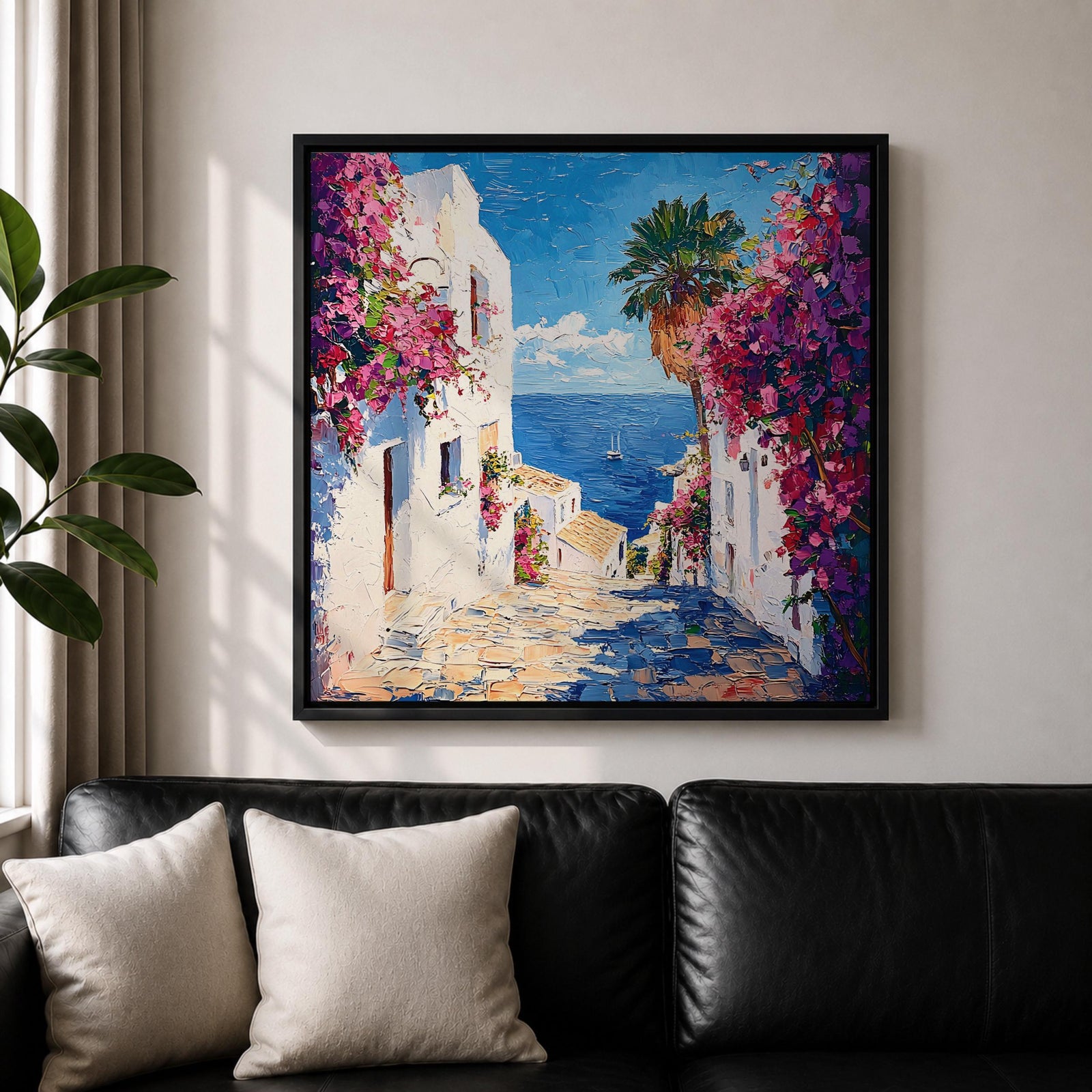 Santorini Greece Wall Art Greek Island Framed Canvas Mediterranean Coastal Landscape Living Room Decor