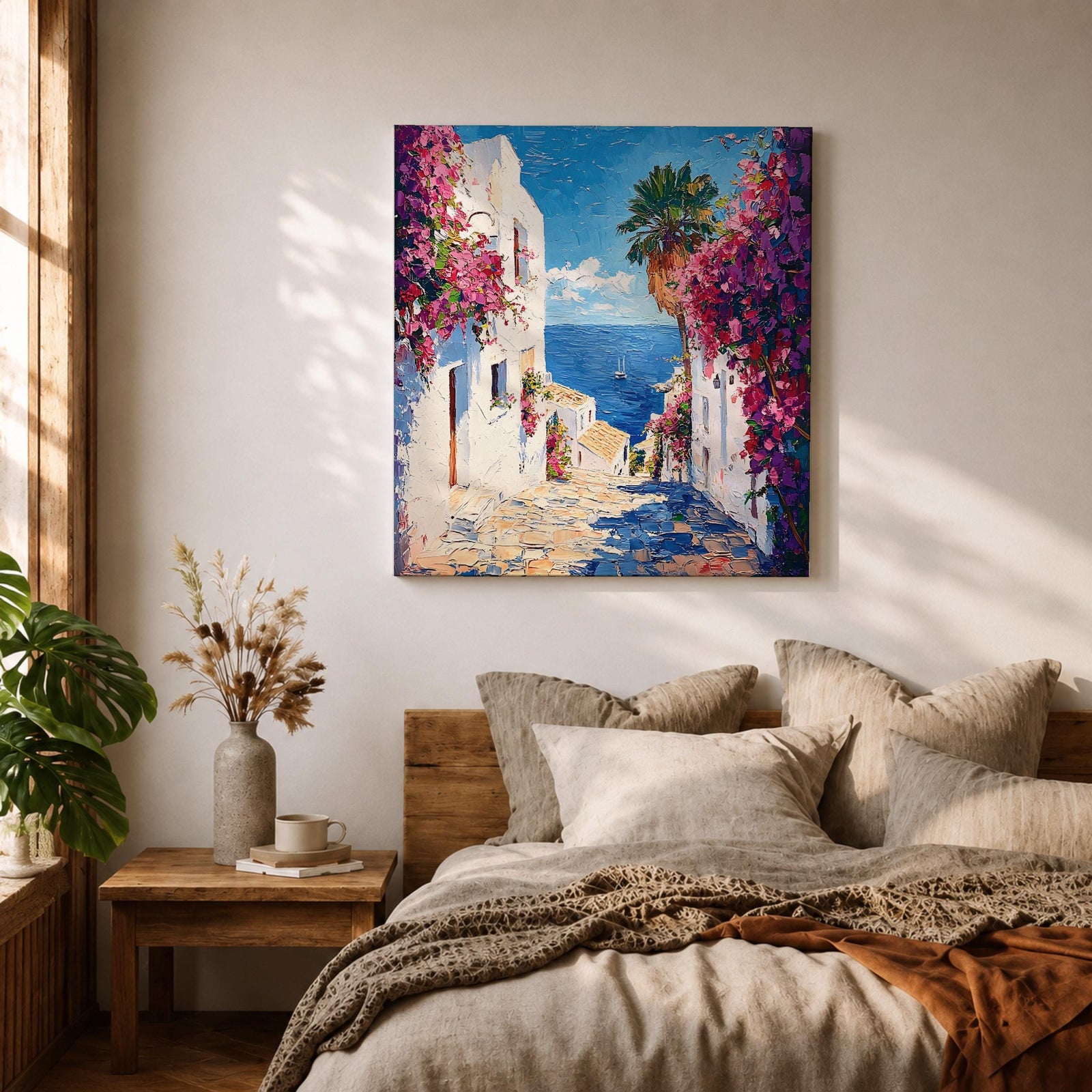 Santorini Greece Wall Art Greek Island Framed Canvas Mediterranean Coastal Landscape Living Room Decor