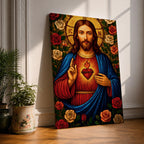 Mosaic style depiction of the Sacred Heart of Jesus showing Christ with long hair and raised blessing hand while pointing to the flaming heart on his chest, surrounded by blooming roses and decorative patterns in a stained glass inspired composition with strong symmetry and detailed religious icon imagery.