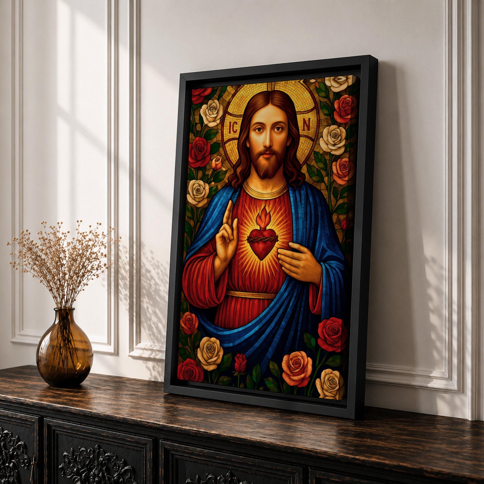 Mosaic style depiction of the Sacred Heart of Jesus showing Christ with long hair and raised blessing hand while pointing to the flaming heart on his chest, surrounded by blooming roses and decorative patterns in a stained glass inspired composition with strong symmetry and detailed religious icon imagery.