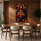 Mosaic style depiction of the Sacred Heart of Jesus showing Christ with long hair and raised blessing hand while pointing to the flaming heart on his chest, surrounded by blooming roses and decorative patterns in a stained glass inspired composition with strong symmetry and detailed religious icon imagery.