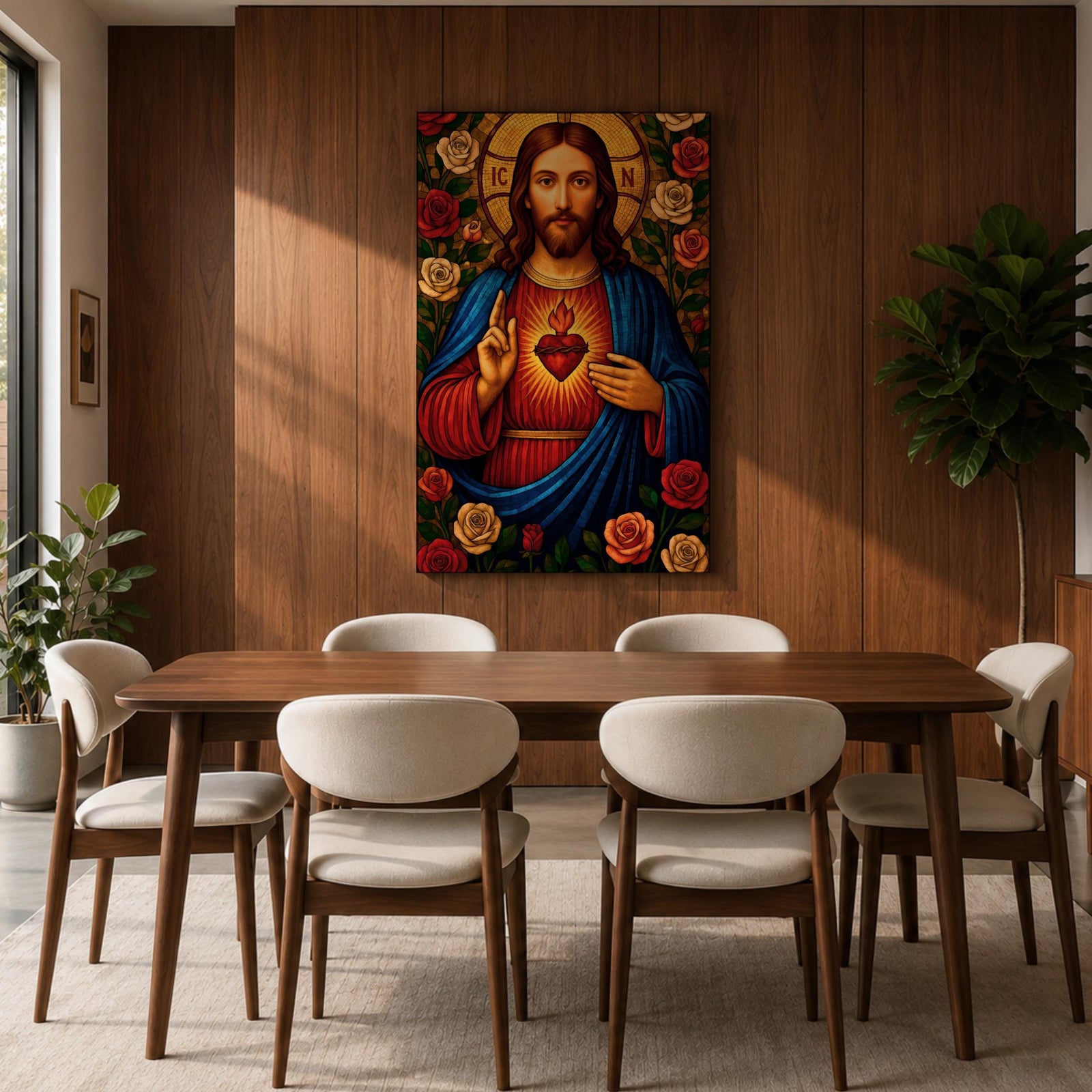 Mosaic style depiction of the Sacred Heart of Jesus showing Christ with long hair and raised blessing hand while pointing to the flaming heart on his chest, surrounded by blooming roses and decorative patterns in a stained glass inspired composition with strong symmetry and detailed religious icon imagery.