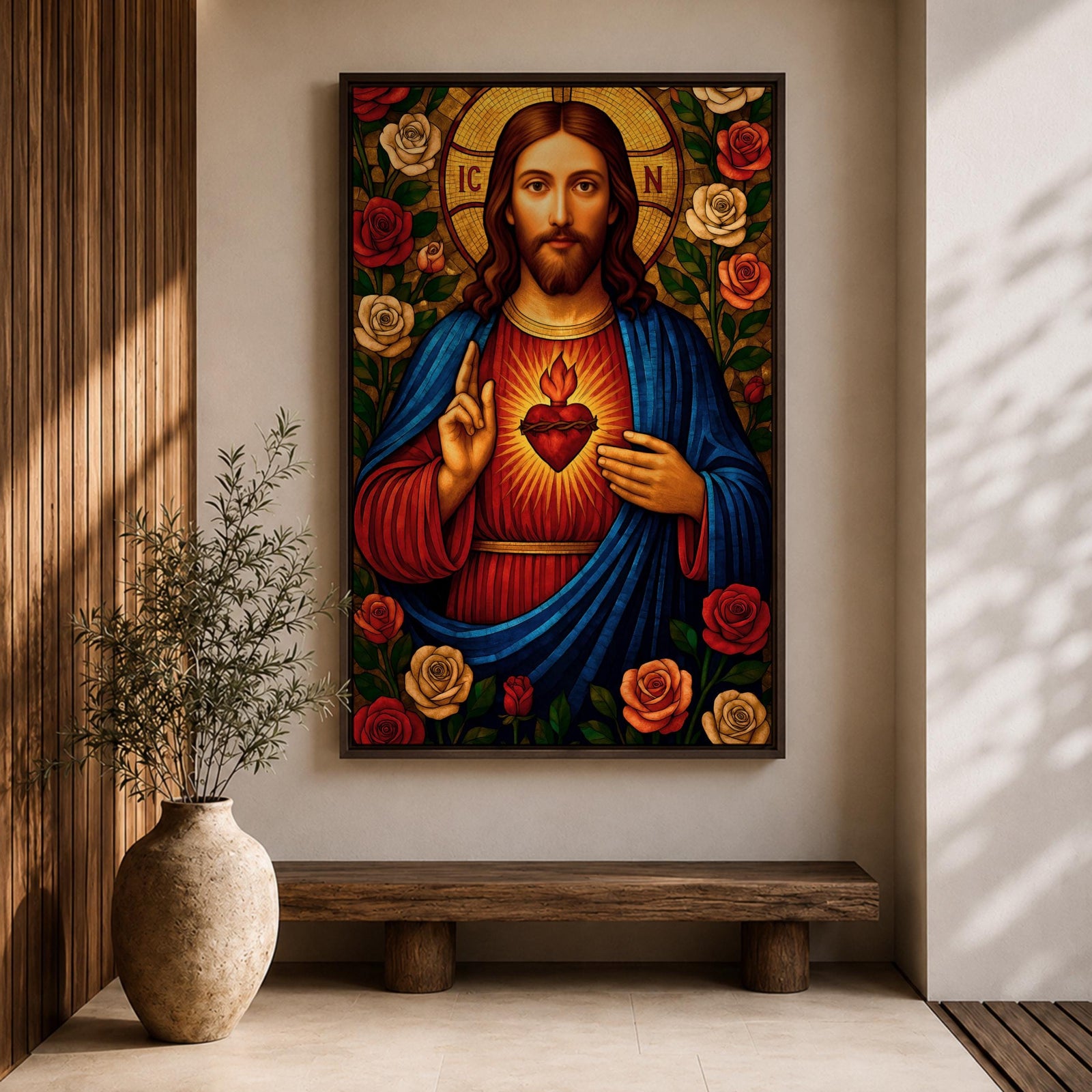 Mosaic style depiction of the Sacred Heart of Jesus showing Christ with long hair and raised blessing hand while pointing to the flaming heart on his chest, surrounded by blooming roses and decorative patterns in a stained glass inspired composition with strong symmetry and detailed religious icon imagery.