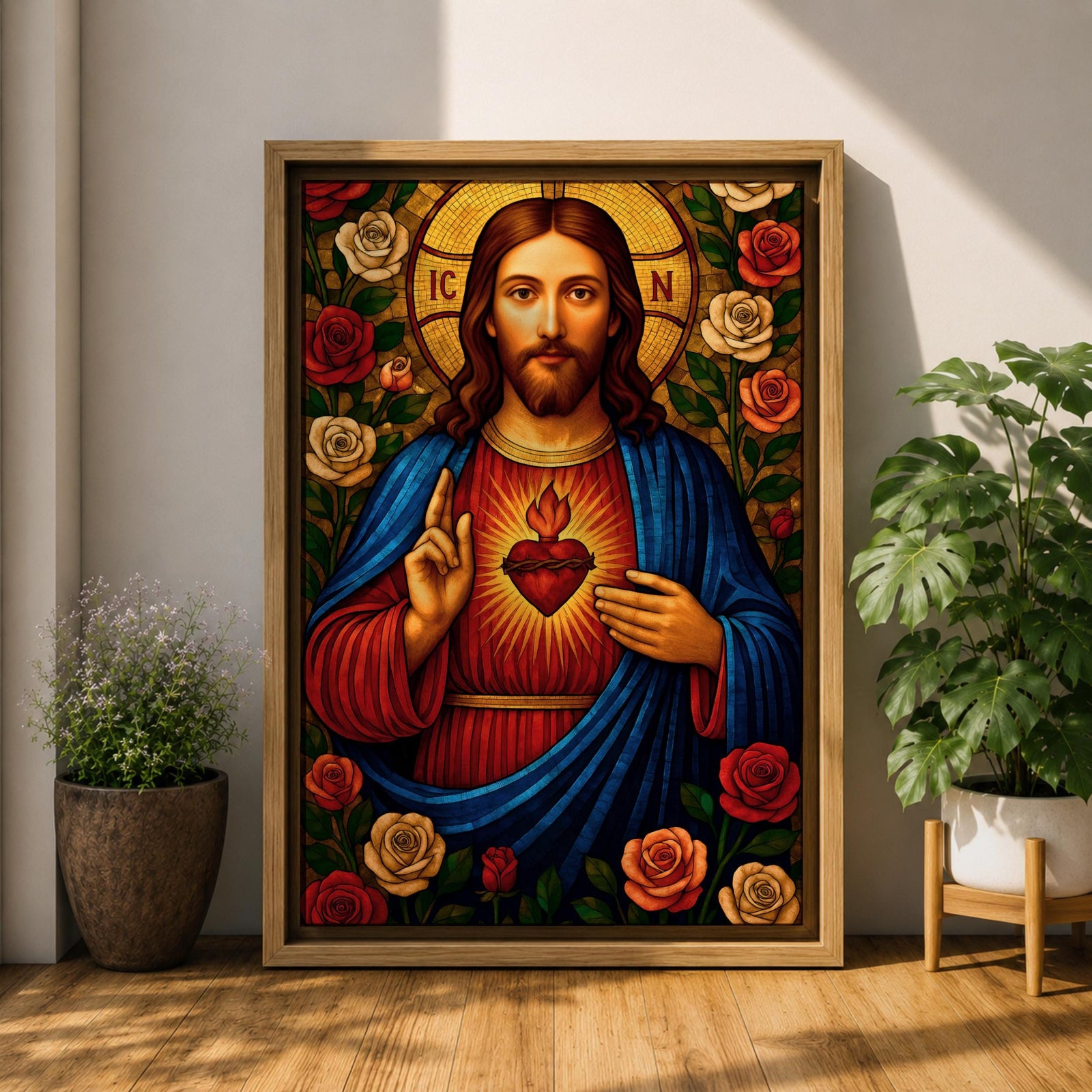 Mosaic style depiction of the Sacred Heart of Jesus showing Christ with long hair and raised blessing hand while pointing to the flaming heart on his chest, surrounded by blooming roses and decorative patterns in a stained glass inspired composition with strong symmetry and detailed religious icon imagery.