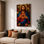 Mosaic style depiction of the Sacred Heart of Jesus showing Christ with long hair and raised blessing hand while pointing to the flaming heart on his chest, surrounded by blooming roses and decorative patterns in a stained glass inspired composition with strong symmetry and detailed religious icon imagery.