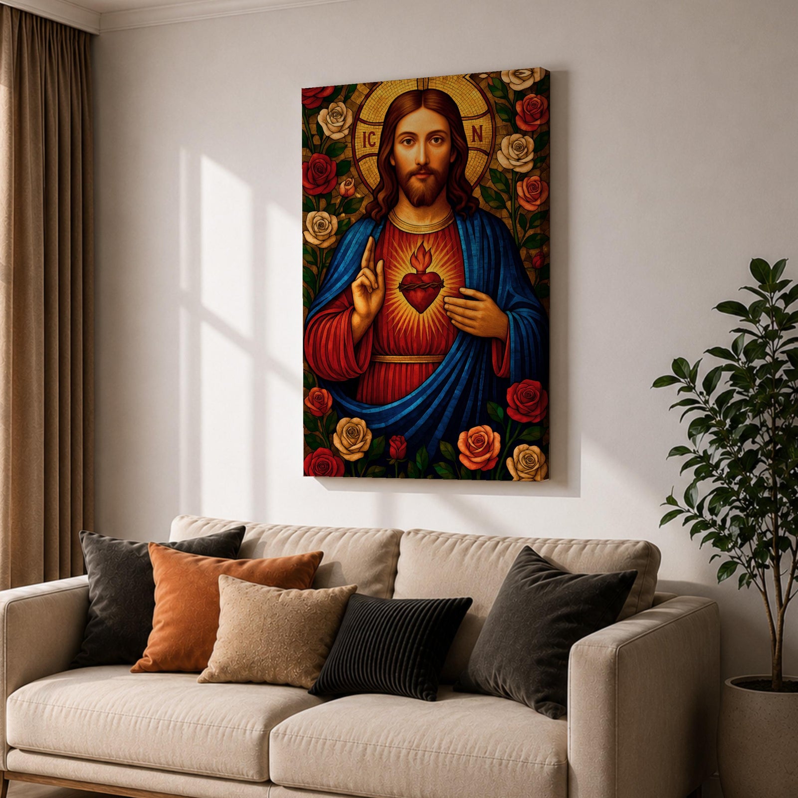 Mosaic style depiction of the Sacred Heart of Jesus showing Christ with long hair and raised blessing hand while pointing to the flaming heart on his chest, surrounded by blooming roses and decorative patterns in a stained glass inspired composition with strong symmetry and detailed religious icon imagery.