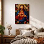 Mosaic style depiction of the Sacred Heart of Jesus showing Christ with long hair and raised blessing hand while pointing to the flaming heart on his chest, surrounded by blooming roses and decorative patterns in a stained glass inspired composition with strong symmetry and detailed religious icon imagery.