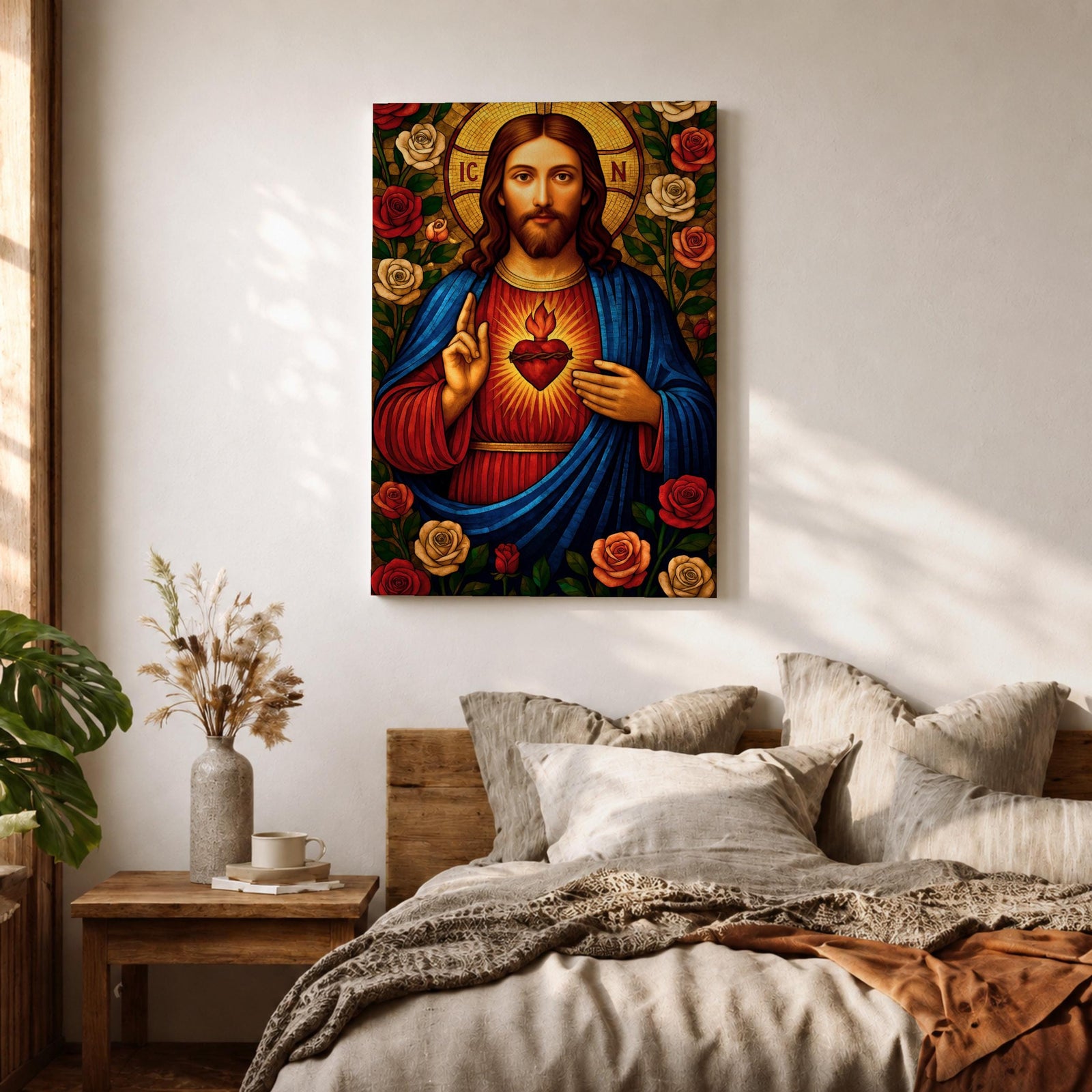 Mosaic style depiction of the Sacred Heart of Jesus showing Christ with long hair and raised blessing hand while pointing to the flaming heart on his chest, surrounded by blooming roses and decorative patterns in a stained glass inspired composition with strong symmetry and detailed religious icon imagery.
