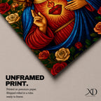 Mosaic style depiction of the Sacred Heart of Jesus showing Christ with long hair and raised blessing hand while pointing to the flaming heart on his chest, surrounded by blooming roses and decorative patterns in a stained glass inspired composition with strong symmetry and detailed religious icon imagery.