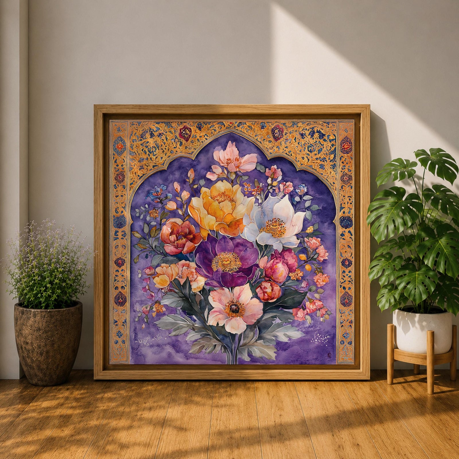 Persian Floral Wall Art Arch Bouquet Framed Canvas Gol O Morgh Persian Islamic Decor
