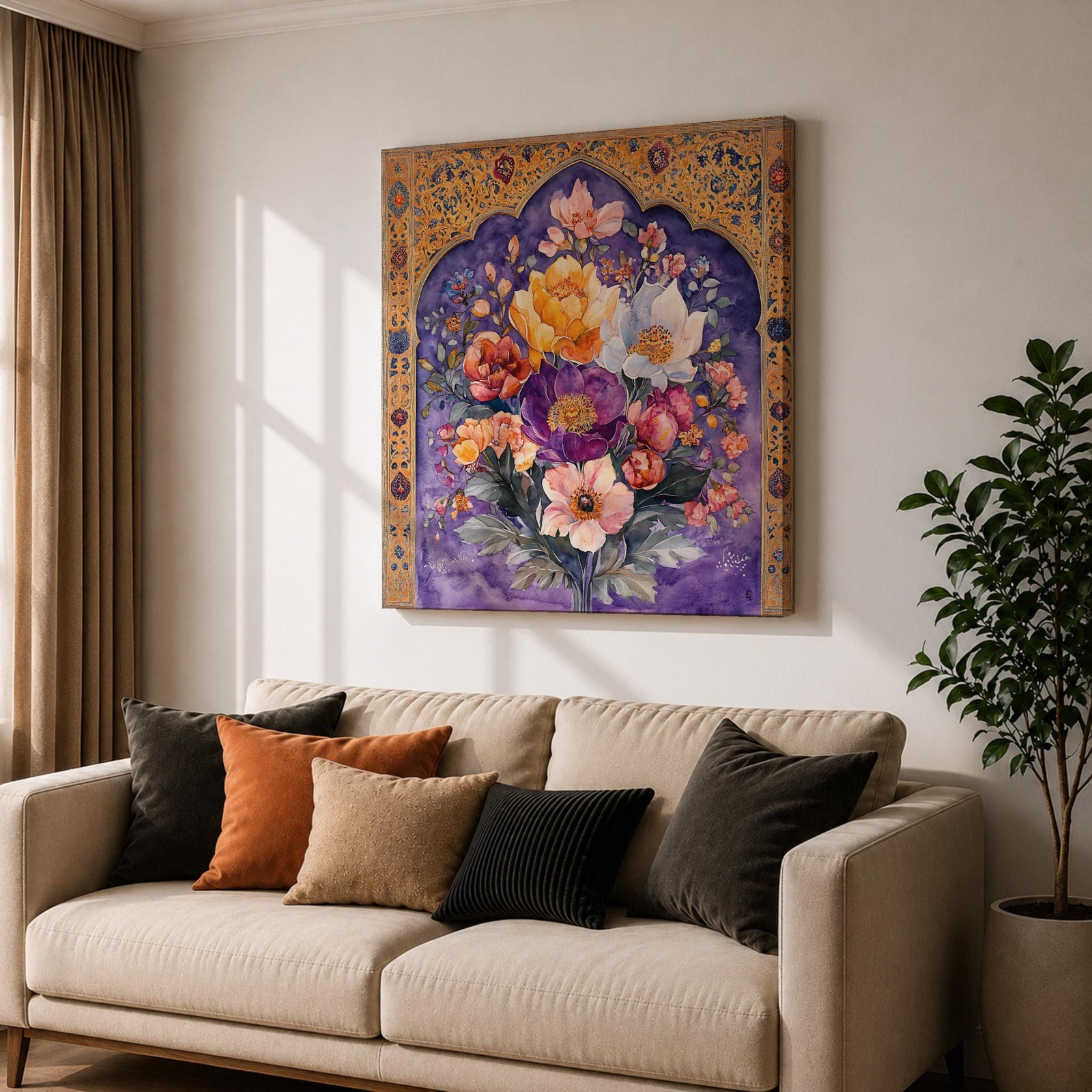 Persian Floral Wall Art Arch Bouquet Framed Canvas Gol O Morgh Persian Islamic Decor
