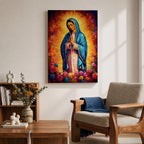 Painting of Our Lady of Guadalupe depicting the Virgin Mary with hands joined in prayer, wearing a blue star covered mantle and pink robe, surrounded by radiant golden light and blooming roses below, rendered in a vibrant devotional style with textured brushwork and a glowing halo typical of traditional Catholic imagery.
