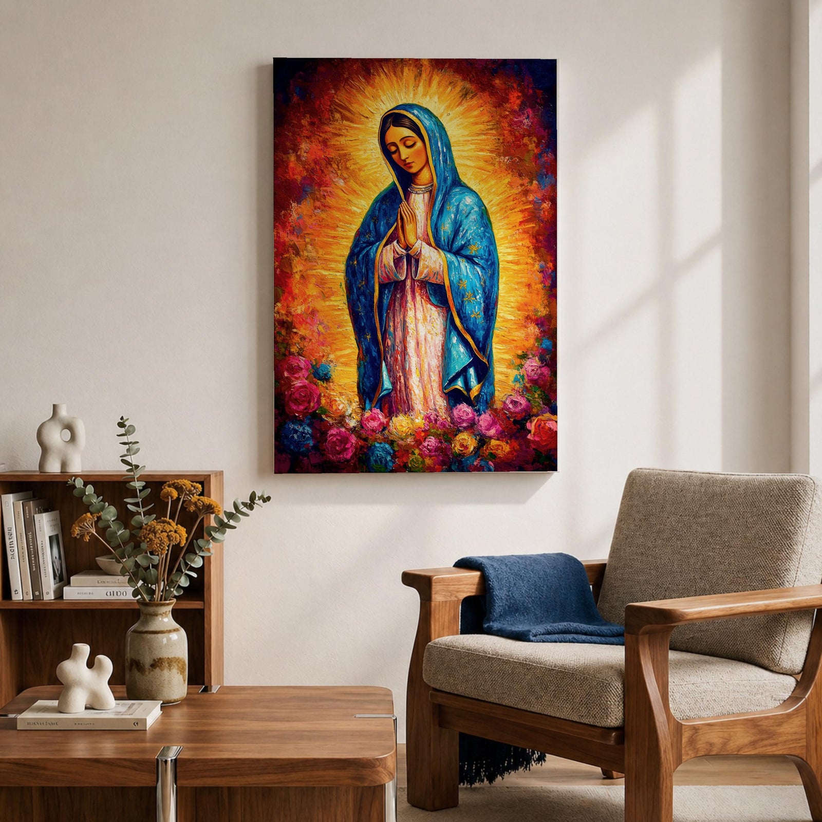 Painting of Our Lady of Guadalupe depicting the Virgin Mary with hands joined in prayer, wearing a blue star covered mantle and pink robe, surrounded by radiant golden light and blooming roses below, rendered in a vibrant devotional style with textured brushwork and a glowing halo typical of traditional Catholic imagery.
