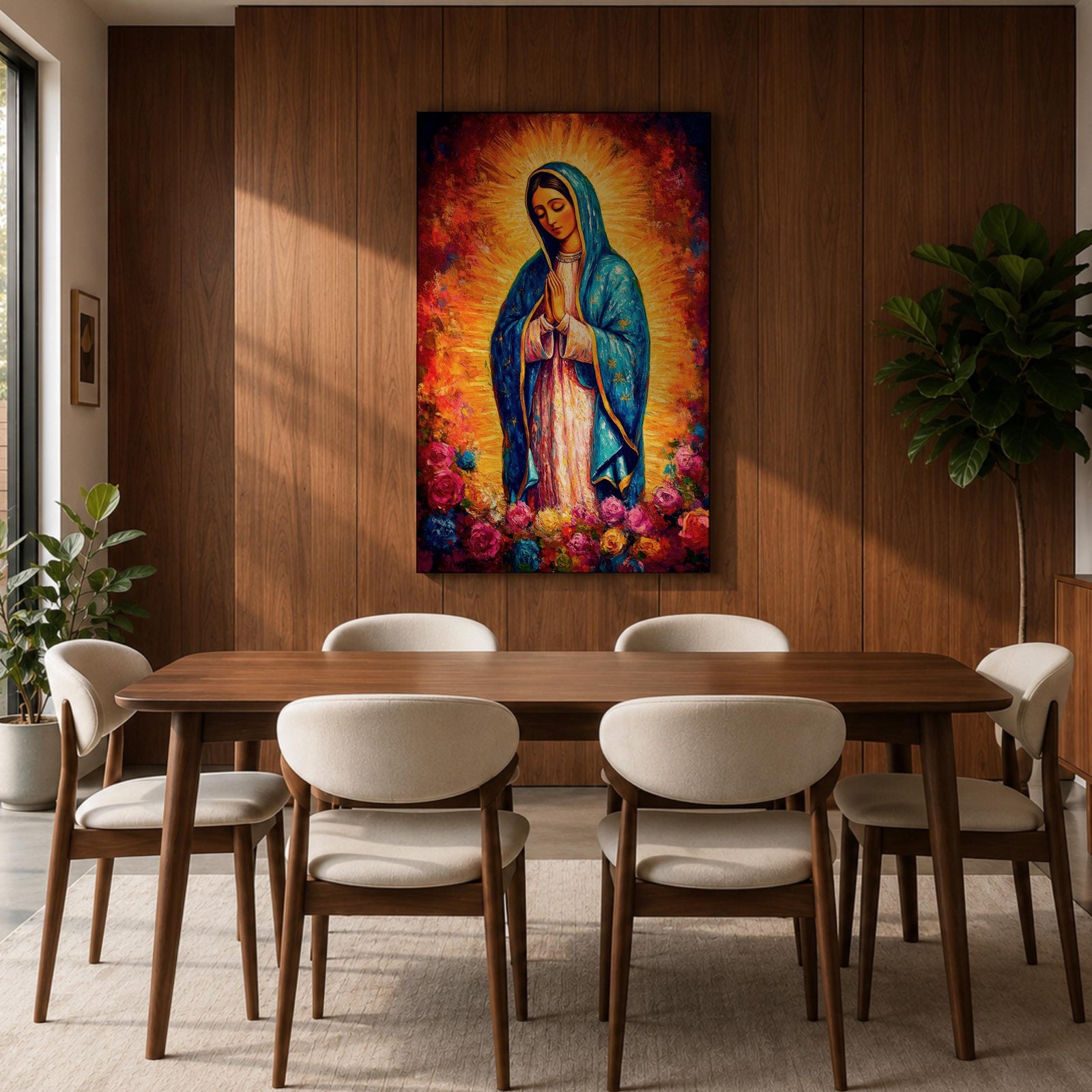 Painting of Our Lady of Guadalupe depicting the Virgin Mary with hands joined in prayer, wearing a blue star covered mantle and pink robe, surrounded by radiant golden light and blooming roses below, rendered in a vibrant devotional style with textured brushwork and a glowing halo typical of traditional Catholic imagery.