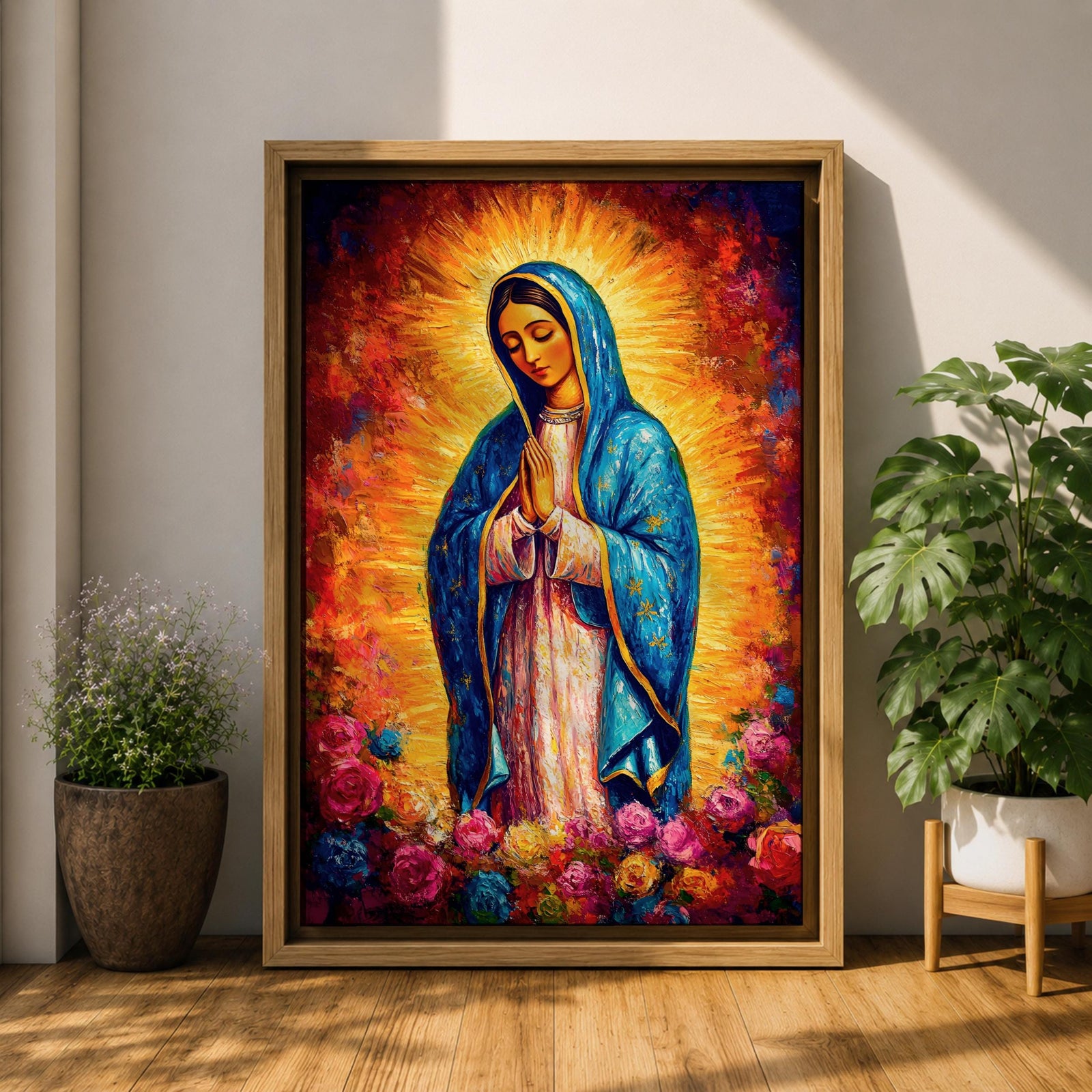Painting of Our Lady of Guadalupe depicting the Virgin Mary with hands joined in prayer, wearing a blue star covered mantle and pink robe, surrounded by radiant golden light and blooming roses below, rendered in a vibrant devotional style with textured brushwork and a glowing halo typical of traditional Catholic imagery.