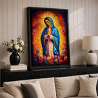 Painting of Our Lady of Guadalupe depicting the Virgin Mary with hands joined in prayer, wearing a blue star covered mantle and pink robe, surrounded by radiant golden light and blooming roses below, rendered in a vibrant devotional style with textured brushwork and a glowing halo typical of traditional Catholic imagery.