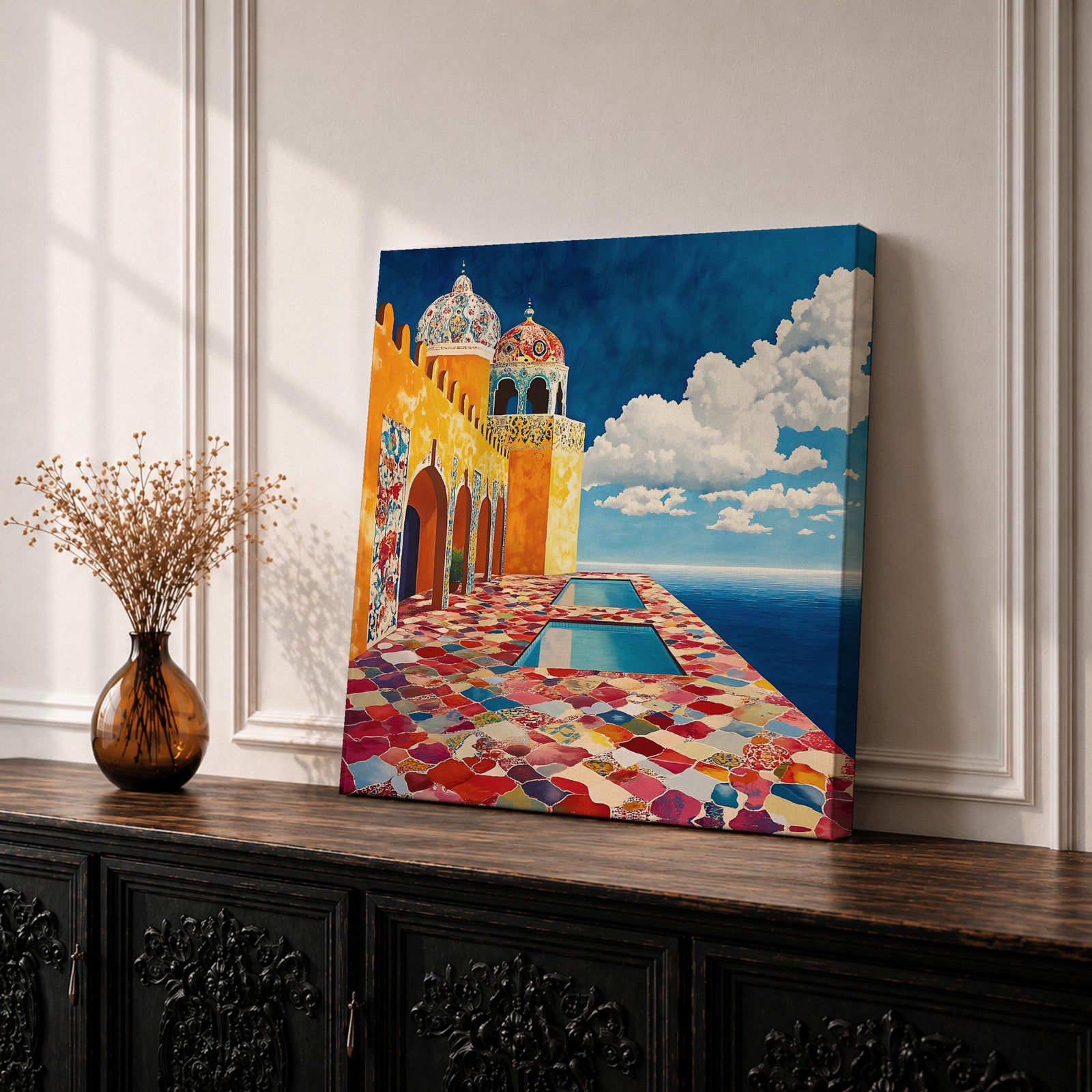 Moroccan Palace Wall Art Ocean Terrace Framed Canvas Riad Mosaic Islamic Home Decor