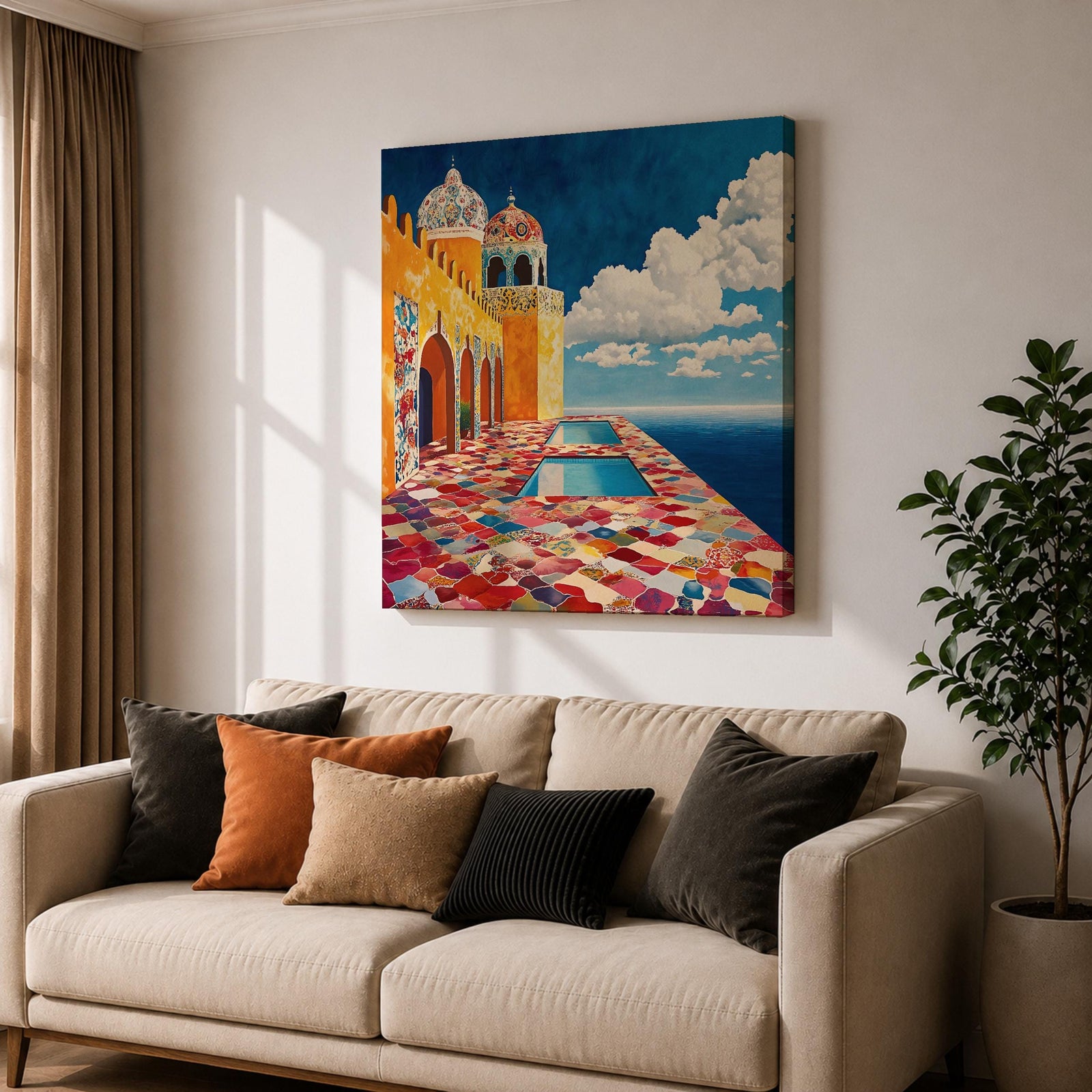 Moroccan Palace Wall Art Ocean Terrace Framed Canvas Riad Mosaic Islamic Home Decor