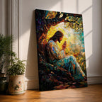 Mosaic style artwork of Jesus Christ seated beneath a large tree with hands joined in prayer, rendered in a stained glass inspired composition with colorful tessellated pieces forming his robe, the tree branches, and a glowing sunrise behind him, creating a devotional Christian scene with strong light and intricate mosaic detailing.