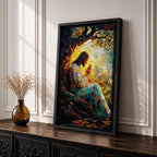 Mosaic style artwork of Jesus Christ seated beneath a large tree with hands joined in prayer, rendered in a stained glass inspired composition with colorful tessellated pieces forming his robe, the tree branches, and a glowing sunrise behind him, creating a devotional Christian scene with strong light and intricate mosaic detailing.