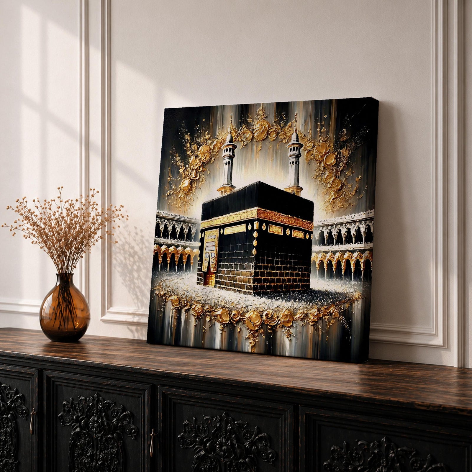 Kaaba Wall Art Grand Mosque Framed Canvas Makkah Gold Leaf Islamic Home Decor