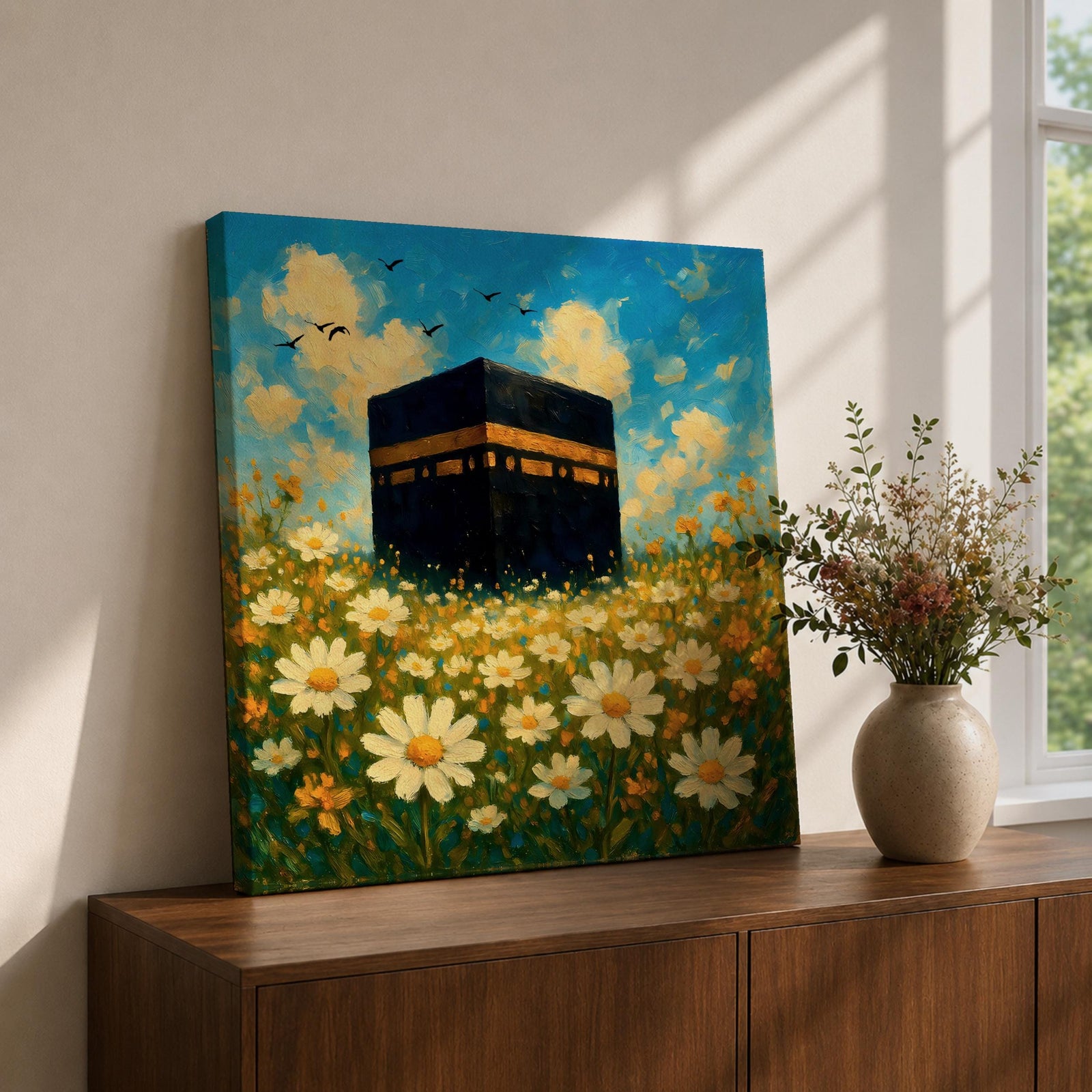 Kaaba Wall Art Daisy Field Framed Canvas Makkah Impressionist Islamic Home Decor