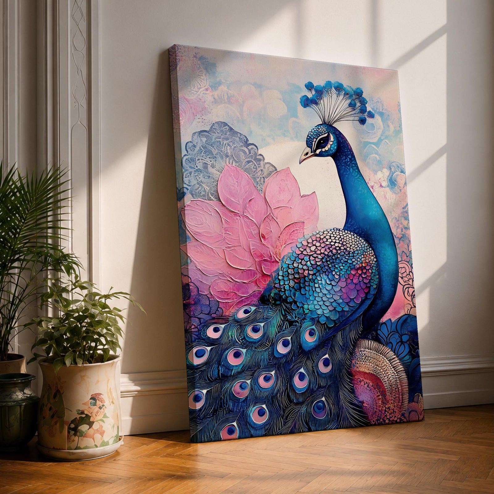 Peacock Bird Wall Art Lotus Peacock Feather Symbol Floral Gift Living Room Home Decor