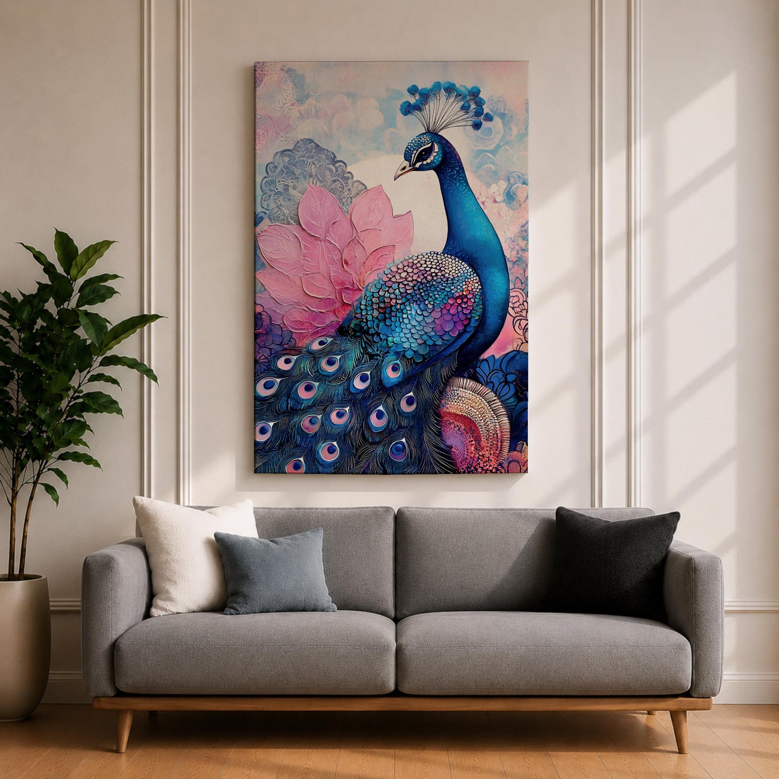 Peacock Bird Wall Art Lotus Peacock Feather Symbol Floral Gift Living Room Home Decor