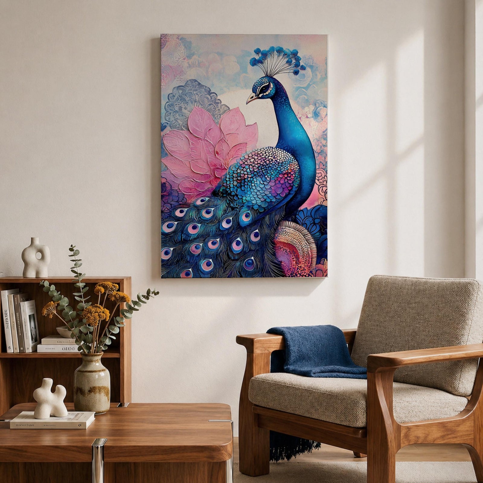 Peacock Bird Wall Art Lotus Peacock Feather Symbol Floral Gift Living Room Home Decor