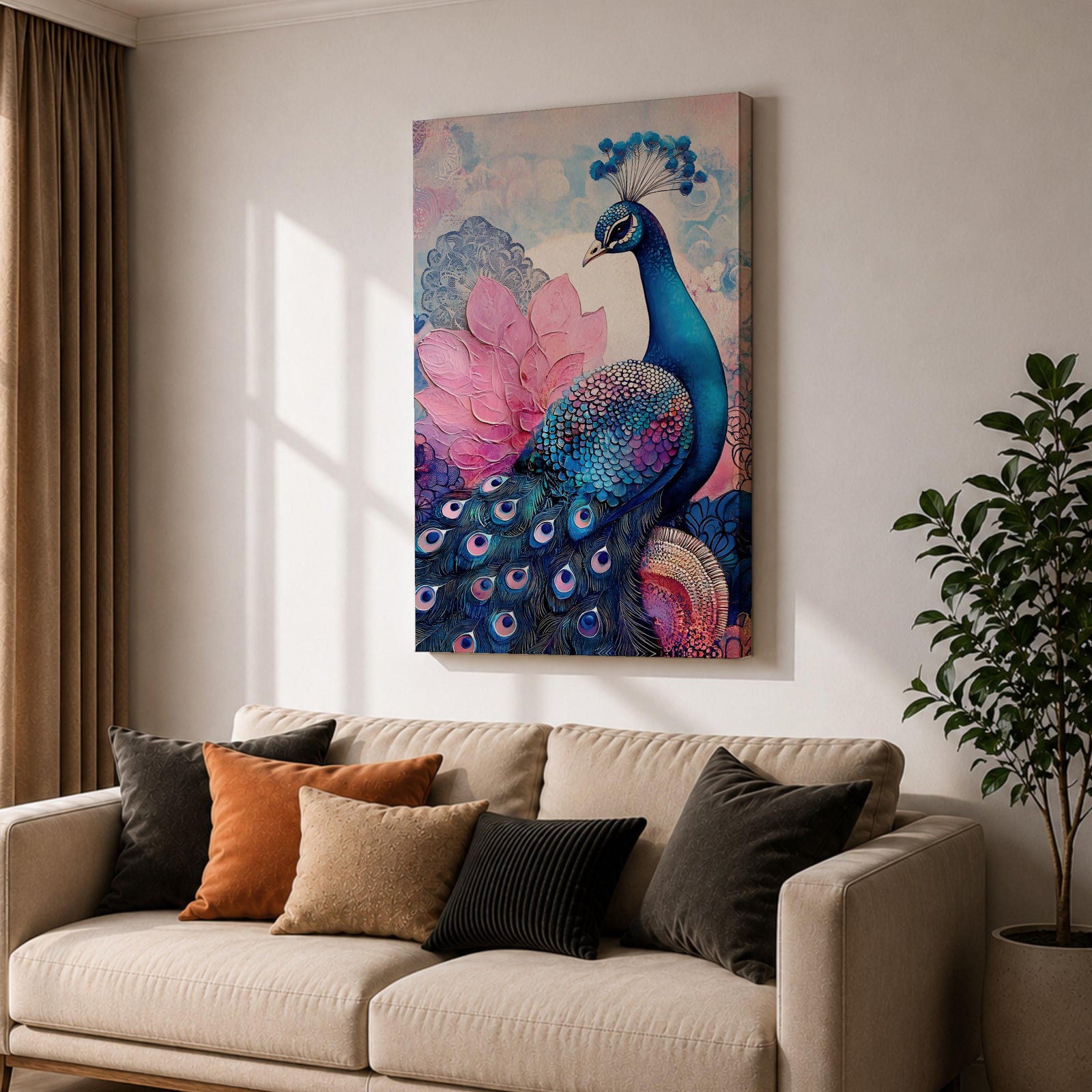 Peacock Bird Wall Art Lotus Peacock Feather Symbol Floral Gift Living Room Home Decor