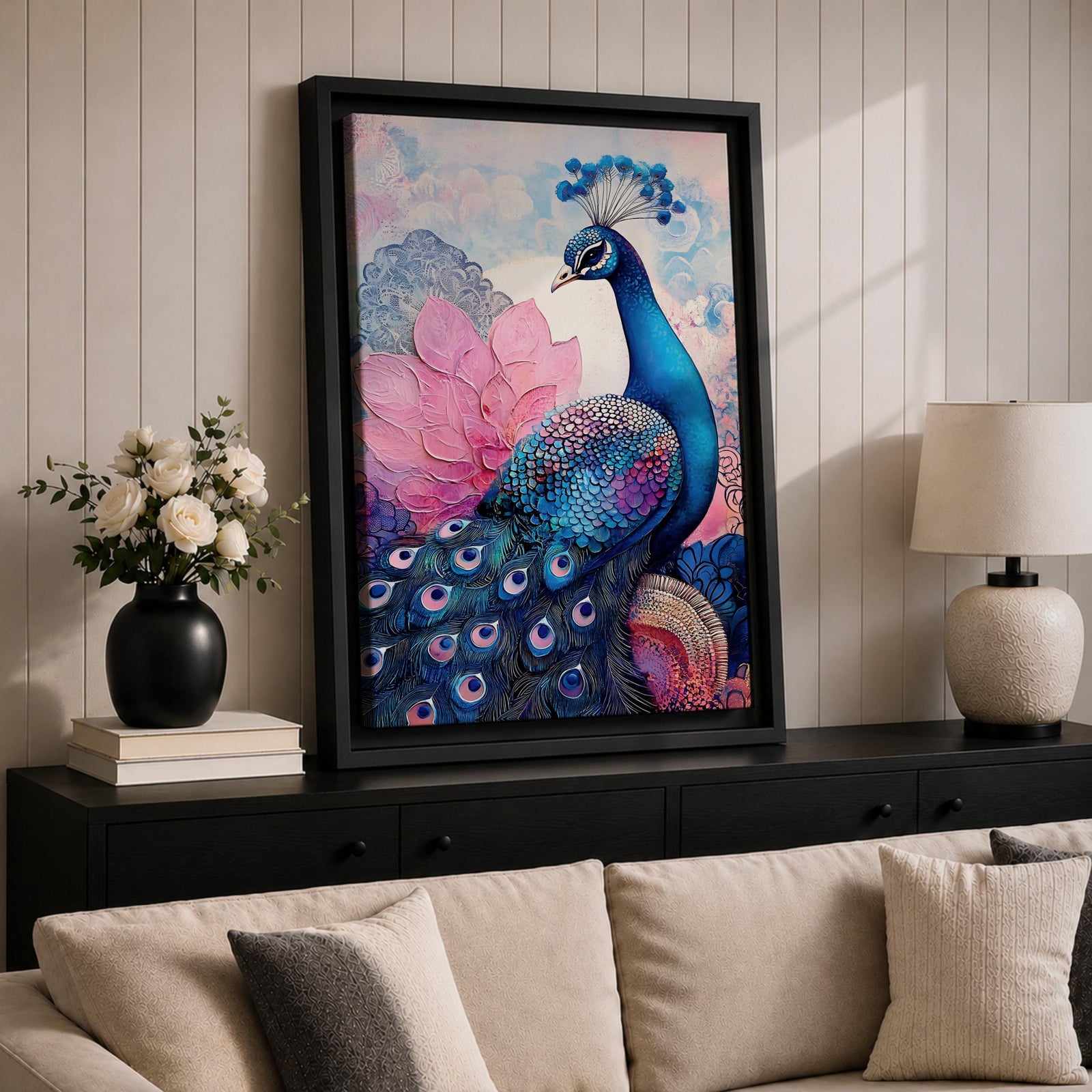 Peacock Bird Wall Art Lotus Peacock Feather Symbol Floral Gift Living Room Home Decor