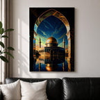This captivating artwork frames the majestic Dome of the Rock in Jerusalem through a grand golden-arched gateway, its radiant golden dome and blue-tiled octagonal structure reflected perfectly in still water below, set against a vibrant twilight sky blending deep blue with glowing orange and green hues, evoking profound serenity, symmetry, and spiritual awe.