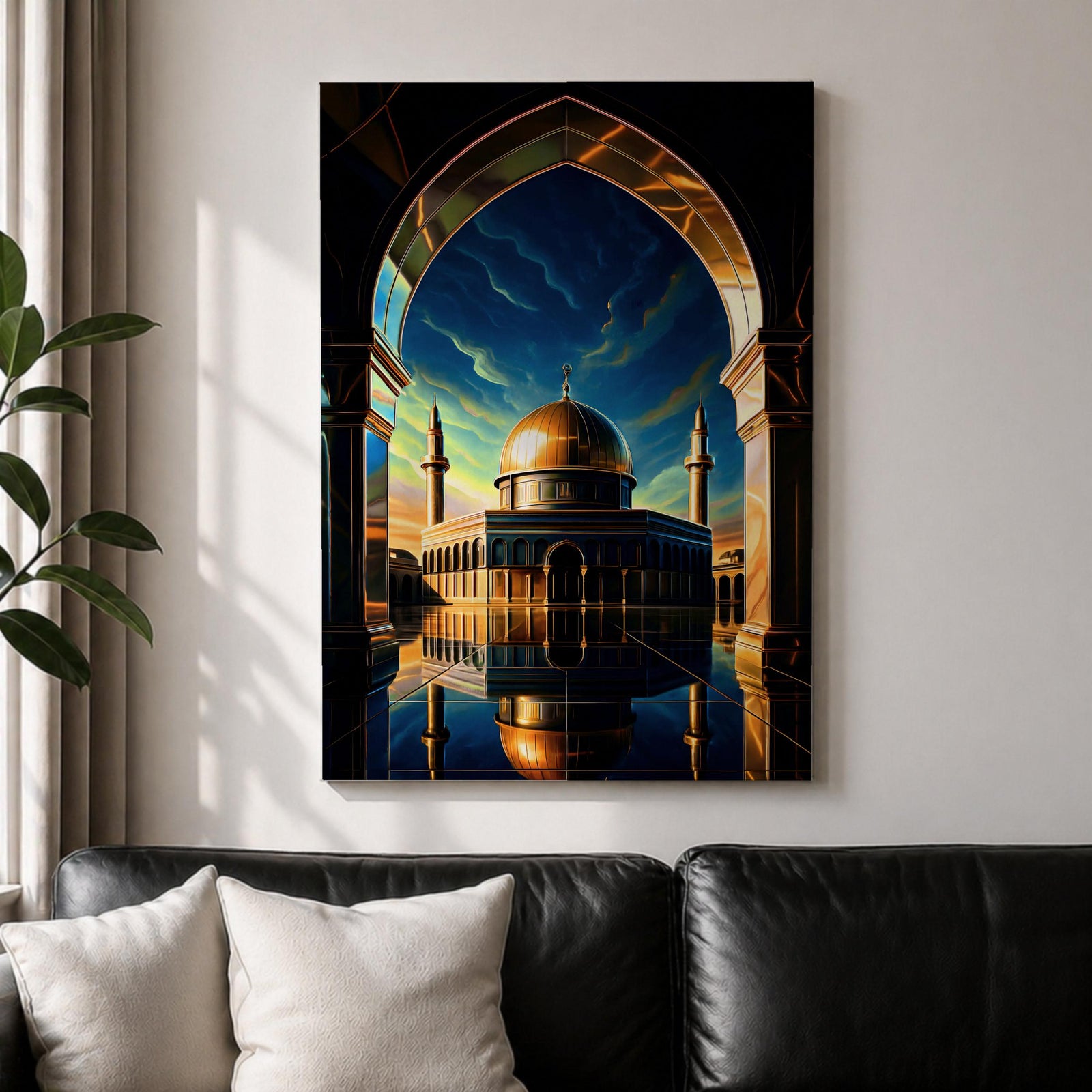 This captivating artwork frames the majestic Dome of the Rock in Jerusalem through a grand golden-arched gateway, its radiant golden dome and blue-tiled octagonal structure reflected perfectly in still water below, set against a vibrant twilight sky blending deep blue with glowing orange and green hues, evoking profound serenity, symmetry, and spiritual awe.