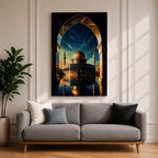 This captivating artwork frames the majestic Dome of the Rock in Jerusalem through a grand golden-arched gateway, its radiant golden dome and blue-tiled octagonal structure reflected perfectly in still water below, set against a vibrant twilight sky blending deep blue with glowing orange and green hues, evoking profound serenity, symmetry, and spiritual awe.