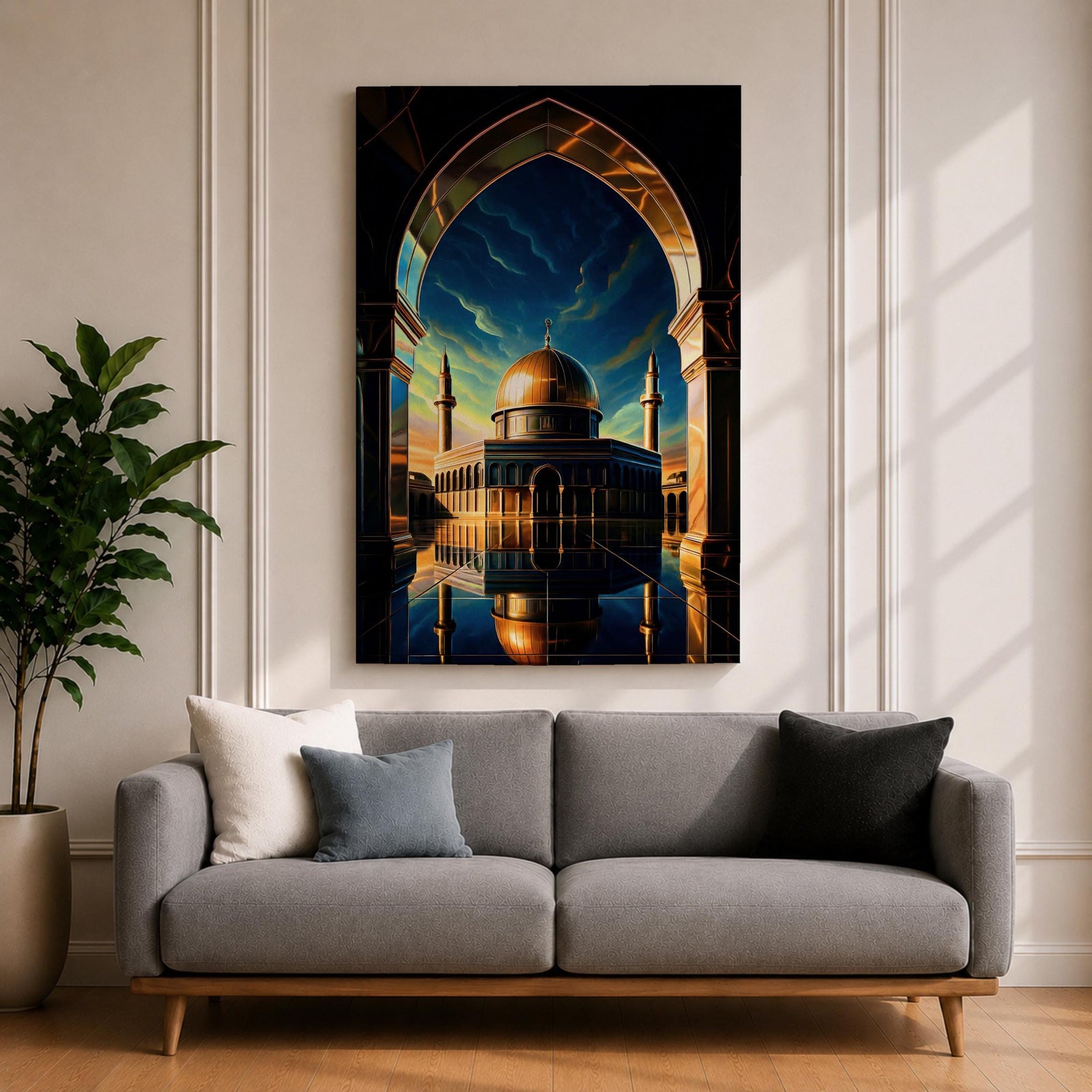 This captivating artwork frames the majestic Dome of the Rock in Jerusalem through a grand golden-arched gateway, its radiant golden dome and blue-tiled octagonal structure reflected perfectly in still water below, set against a vibrant twilight sky blending deep blue with glowing orange and green hues, evoking profound serenity, symmetry, and spiritual awe.