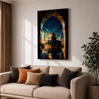 This captivating artwork frames the majestic Dome of the Rock in Jerusalem through a grand golden-arched gateway, its radiant golden dome and blue-tiled octagonal structure reflected perfectly in still water below, set against a vibrant twilight sky blending deep blue with glowing orange and green hues, evoking profound serenity, symmetry, and spiritual awe.