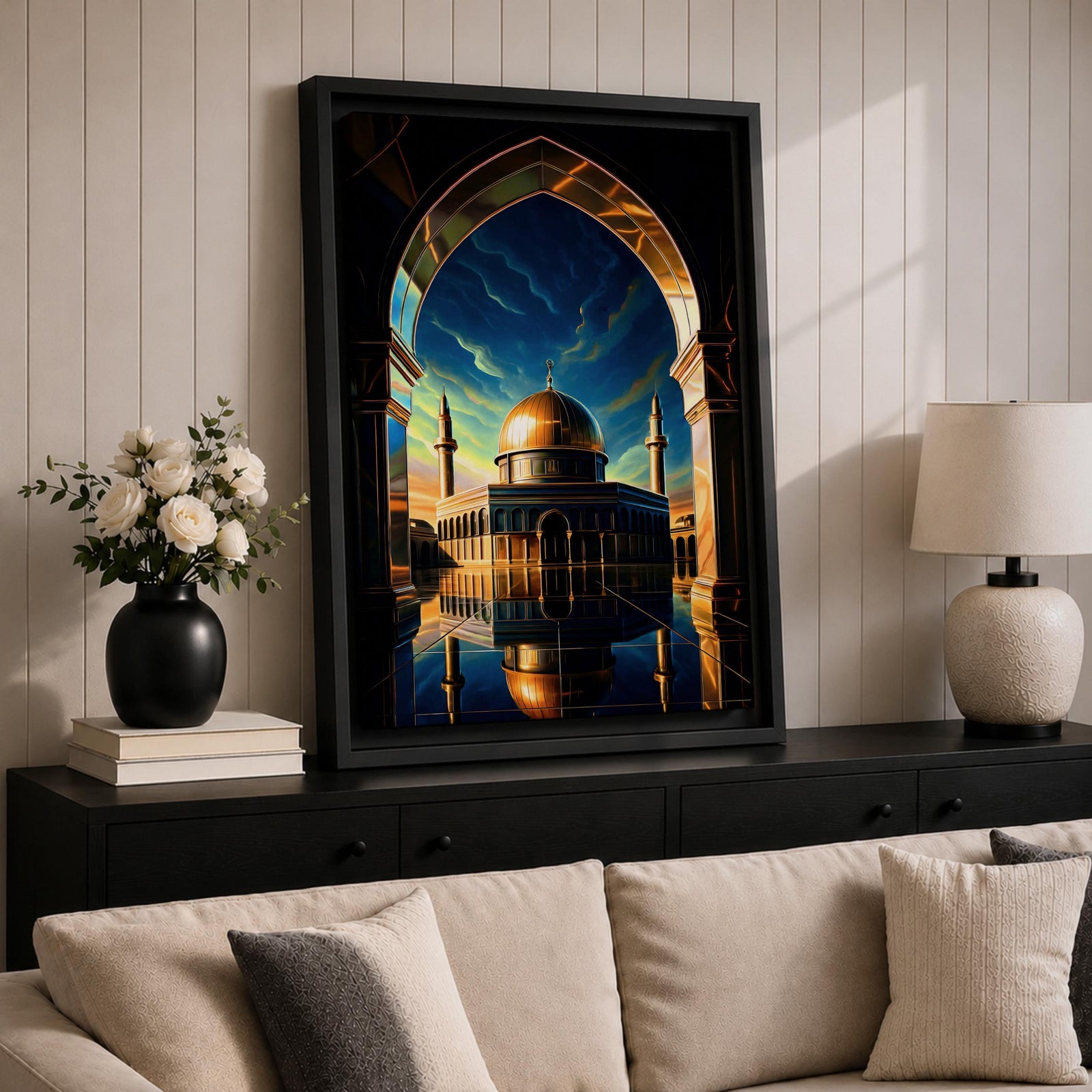 This captivating artwork frames the majestic Dome of the Rock in Jerusalem through a grand golden-arched gateway, its radiant golden dome and blue-tiled octagonal structure reflected perfectly in still water below, set against a vibrant twilight sky blending deep blue with glowing orange and green hues, evoking profound serenity, symmetry, and spiritual awe.