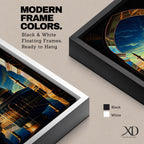 This captivating artwork frames the majestic Dome of the Rock in Jerusalem through a grand golden-arched gateway, its radiant golden dome and blue-tiled octagonal structure reflected perfectly in still water below, set against a vibrant twilight sky blending deep blue with glowing orange and green hues, evoking profound serenity, symmetry, and spiritual awe.