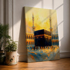 This expressive textured painting of the Kaaba in Masjid al-Haram features the black cube with golden band amid a crowd of pilgrims, framed by tall minarets and arched colonnades under a glowing golden-hour sky with warm orange-yellow tones blending into blue shadows, conveying spiritual energy, movement, and the sacred atmosphere of Mecca.