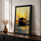 This expressive textured painting of the Kaaba in Masjid al-Haram features the black cube with golden band amid a crowd of pilgrims, framed by tall minarets and arched colonnades under a glowing golden-hour sky with warm orange-yellow tones blending into blue shadows, conveying spiritual energy, movement, and the sacred atmosphere of Mecca.