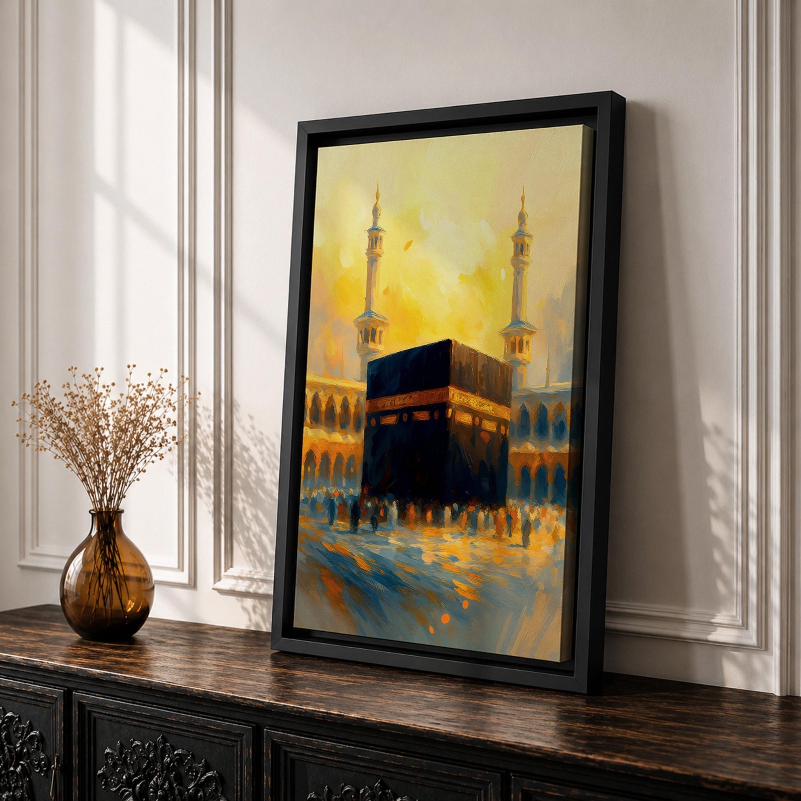 This expressive textured painting of the Kaaba in Masjid al-Haram features the black cube with golden band amid a crowd of pilgrims, framed by tall minarets and arched colonnades under a glowing golden-hour sky with warm orange-yellow tones blending into blue shadows, conveying spiritual energy, movement, and the sacred atmosphere of Mecca.