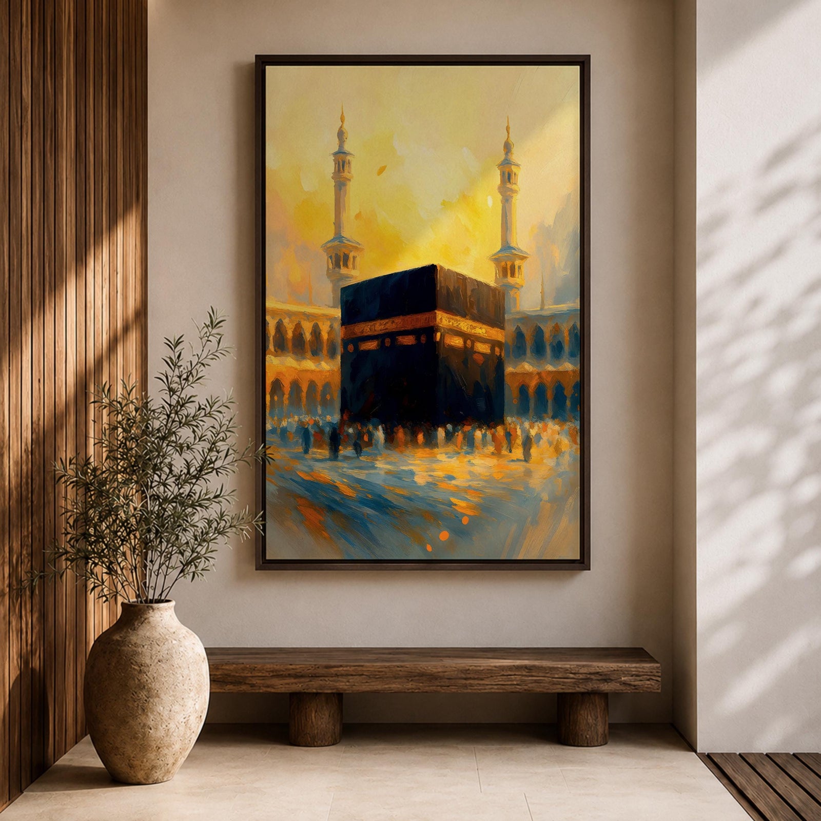 This expressive textured painting of the Kaaba in Masjid al-Haram features the black cube with golden band amid a crowd of pilgrims, framed by tall minarets and arched colonnades under a glowing golden-hour sky with warm orange-yellow tones blending into blue shadows, conveying spiritual energy, movement, and the sacred atmosphere of Mecca.